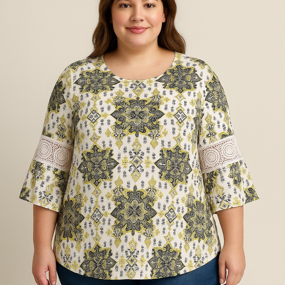 Cato Women's Yellow and Black Patterned Blouse
